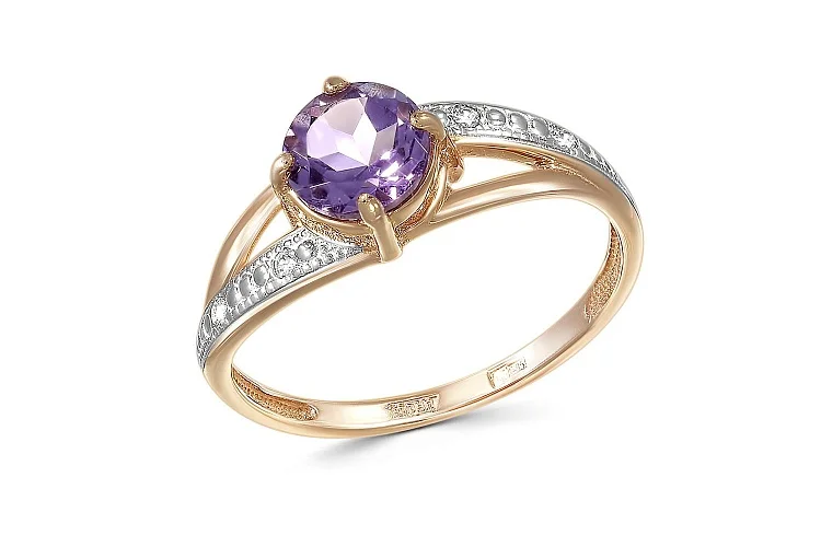 Кольцо из красного золота с аметистом и 4 фианитами