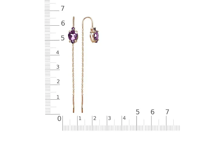 Серьги-продёвки из красного золота с 4 аметистами