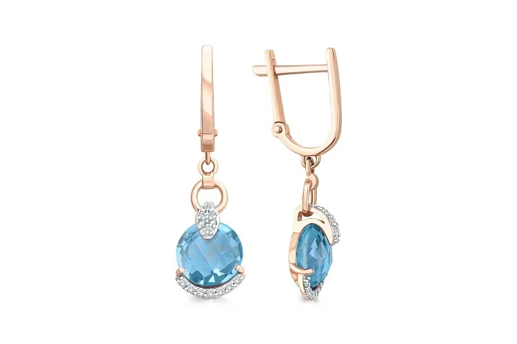 Серьги из красного золота с 2 топазами swiss и 28 фианитами