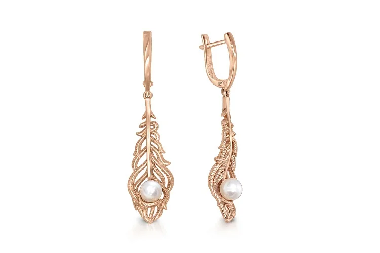 Серьги Веточки из красного золота с 2 жемчужинами
