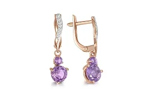 Серьги из красного золота с 4 аметистами и 14 фианитами