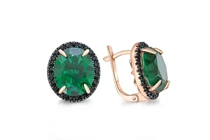 Серьги из красного золота с 2 изумрудами и 48 фианитами