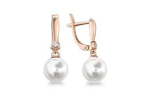 Серьги из красного золота с 2 жемчужинами и 2 фианитами