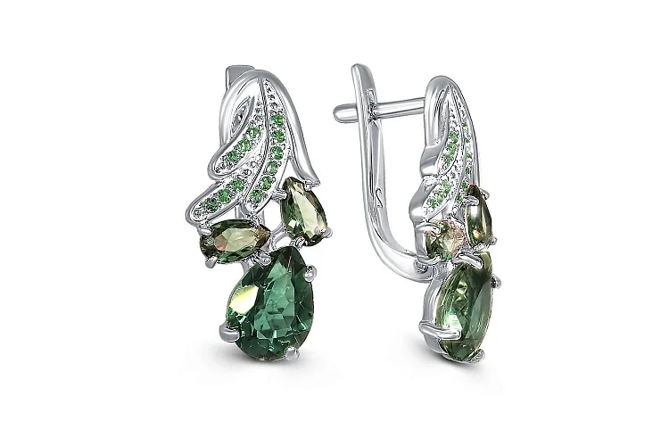Серьги из белого золота с празиолитами, турмалинами и фианитами