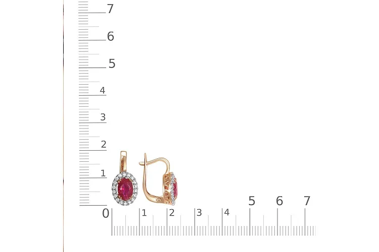 Серьги из красного золота с 2 корундами и 36 фианитами