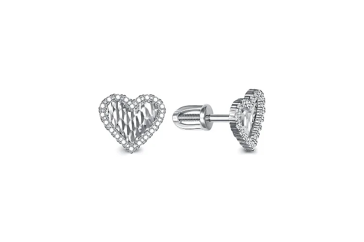 Серьги-пусеты Сердца из белого золота с 40 фианитами