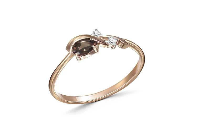 Кольцо из красного золота с раухтопазом и 2 фианитами