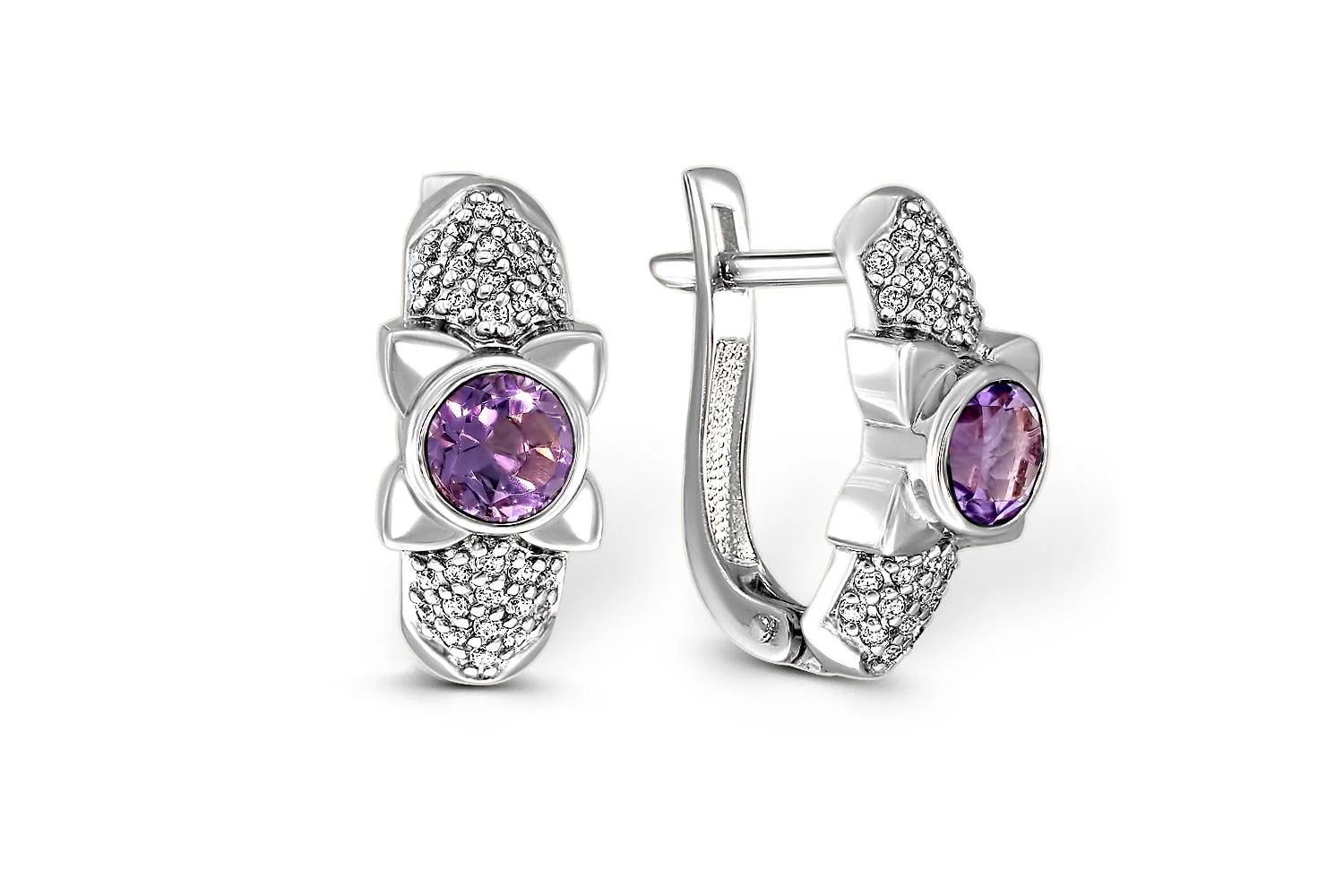 Серьги из белого золота с 2 аметистами и 56 фианитами