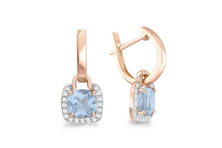 Серьги-трансформеры из красного золота с 2 топазами sky и 34 фианитами