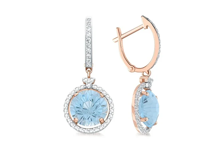 Серьги из красного золота с 2 топазами sky и 78 фианитами