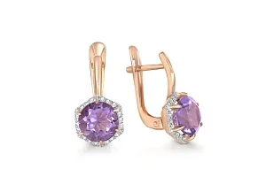 Серьги из красного золота с 2 аметистами и 36 фианитами