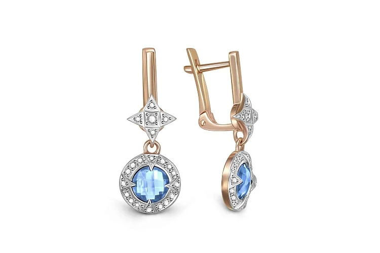 Серьги из красного золота с 2 топазами swiss и 42 фианитами