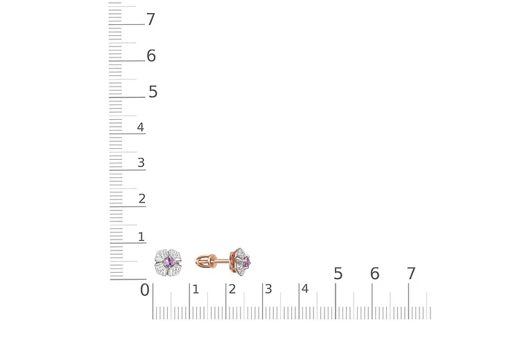 Серьги-пусеты Цветы из красного золота с 2 аметистами и 24 фианитами
