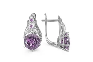 Серьги из белого золота с 2 аметистами и 4 фианитами