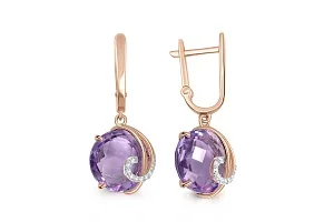 Серьги из красного золота с 2 аметистами и 16 фианитами