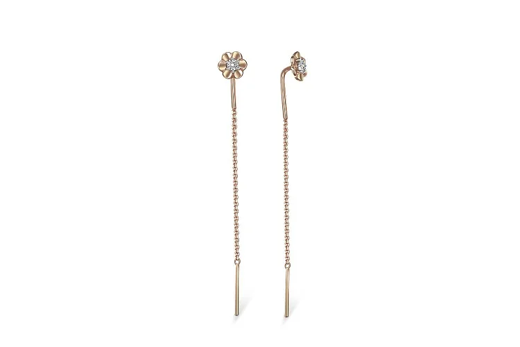 Серьги-продёвки Цветы из красного золота с 2 бриллиантами