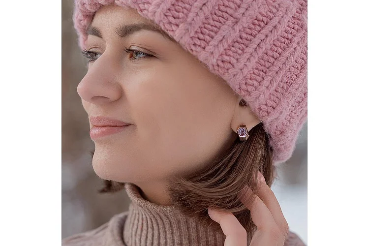 Серьги из красного золота с 2 аметистами и 8 фианитами