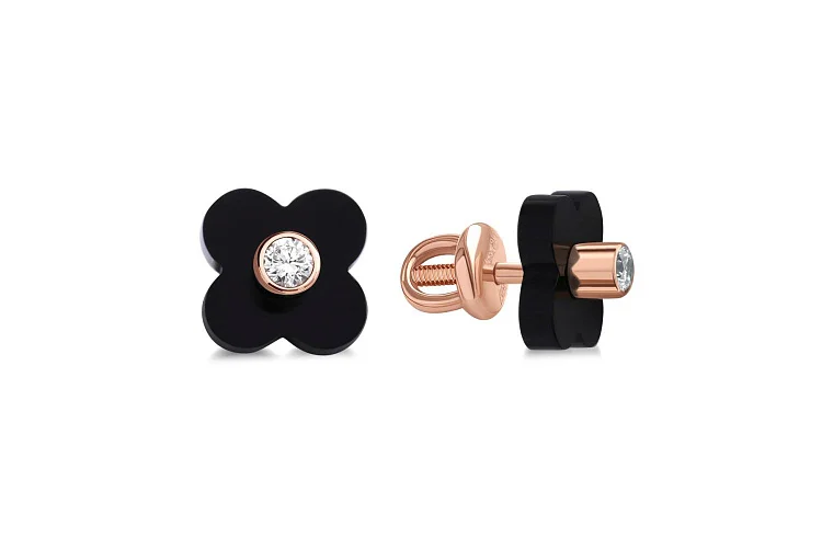 Серьги-пусеты Клевер из красного золота с 2 ониксами и 2 фианитами