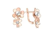Серьги Цветы из красного золота с 2 жемчужинами и 2 фианитами