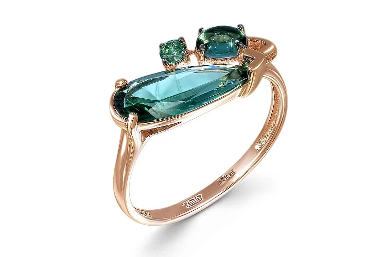 Кольцо из красного золота с 2 ситаллами и фианитом