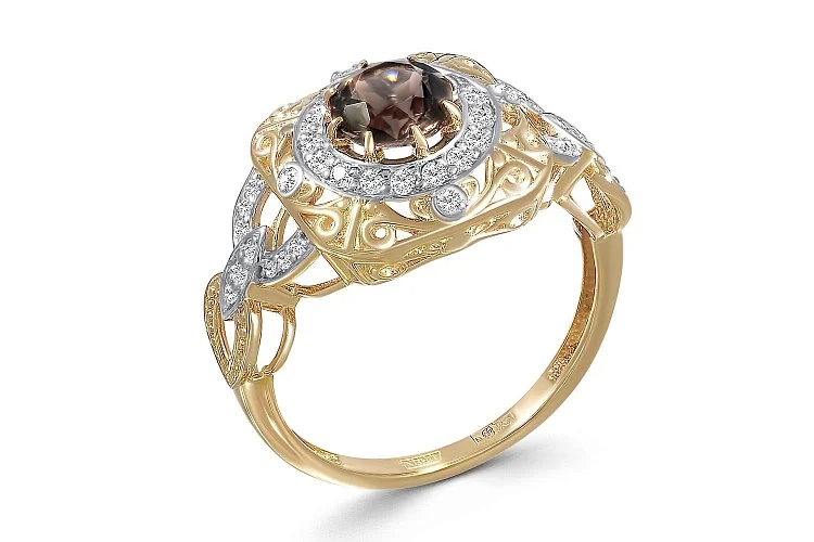 Кольцо из жёлтого золота с раухтопазом и 39 фианитами