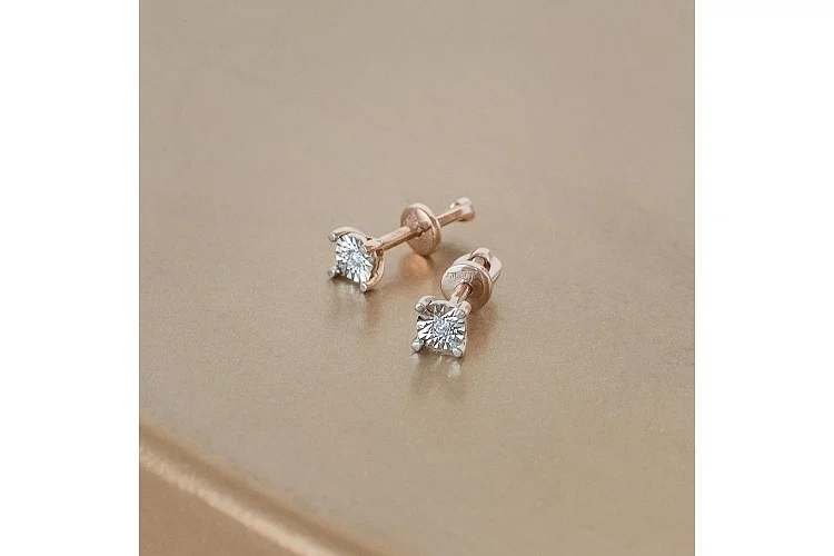 Серьги-пусеты из красного золота с 2 бриллиантами