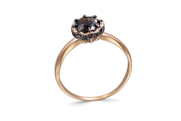Кольцо из красного золота с раухтопазом и 16 фианитами