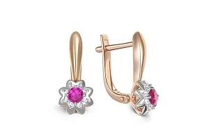 Серьги Цветы из красного золота с 2 корундами и 16 бриллиантами