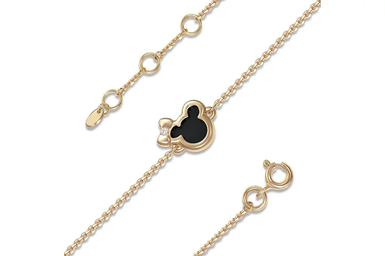 Браслет детский с мишкой с ониксом и фианитом из жёлтого золота