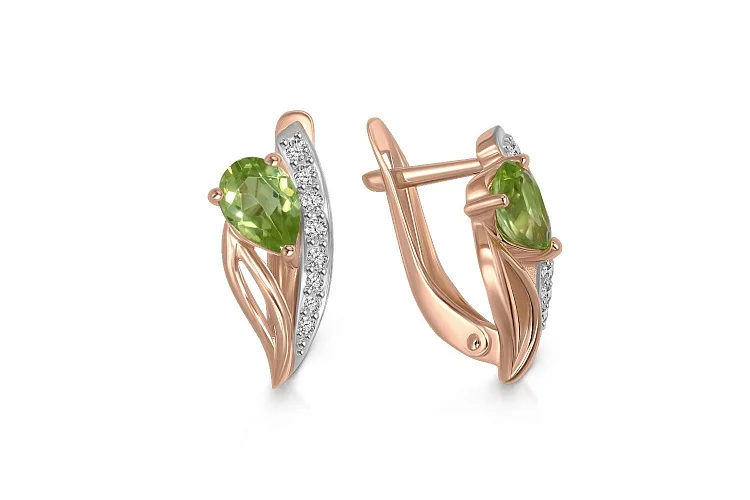 Серьги из красного золота с 2 хризолитами и 16 фианитами