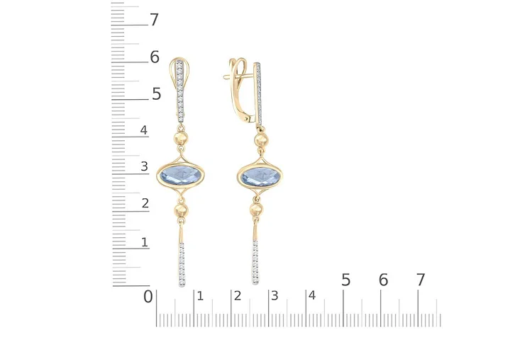 Серьги из жёлтого золота с 2 топазами sky и 38 фианитами