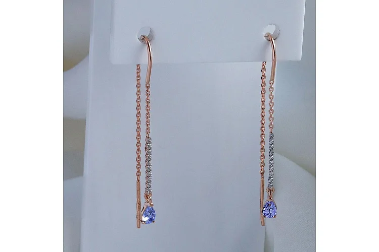 Серьги-продёвки Дорожки из красного золота с 2 танзанитами и 20 фианитами