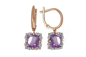 Серьги из красного золота с 2 аметистами и 40 фианитами