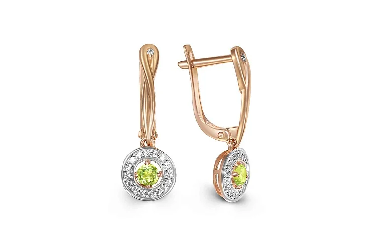 Серьги из красного золота с 2 хризолитами и 34 фианитами