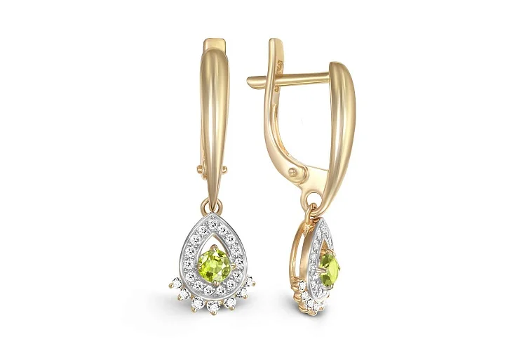 Серьги из жёлтого золота с 2 хризолитами и 44 фианитами