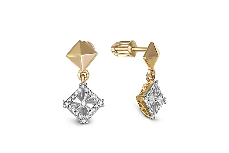 Серьги-пусеты Квадраты из жёлтого золота с 42 бриллиантами