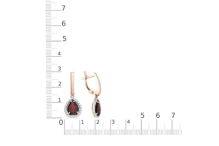 Серьги из красного золота с 2 гранатами и 44 фианитами
