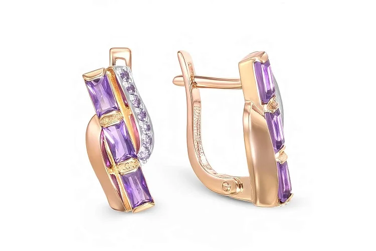 Серьги из красного золота с 6 аметистами и 14 фианитами