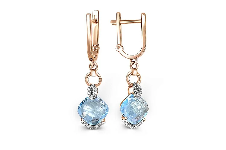 Серьги из красного золота с 2 топазами sky и 24 фианитами