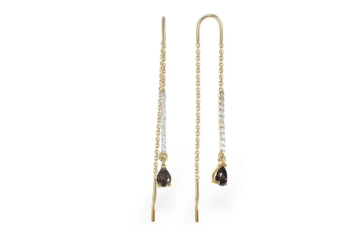 Серьги-продёвки Дорожки из жёлтого золота с 2 раухтопазами и 20 фианитами