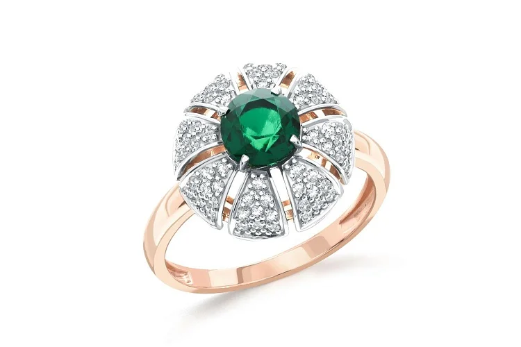 Кольцо Цветок из красного золота с изумрудом и 72 фианитами