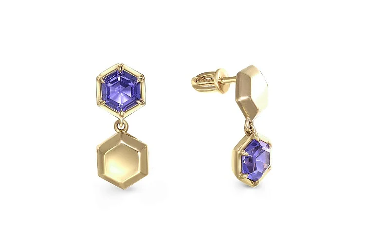 Серьги-пусеты из жёлтого золота с 2 ситаллами