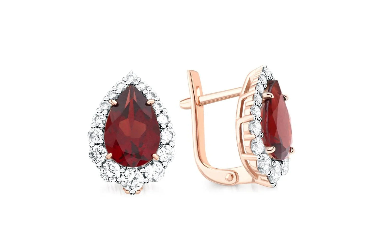 Серьги из красного золота с 2 гранатами и 32 фианитами