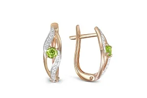 Серьги из красного золота с 2 хризолитами и 16 фианитами