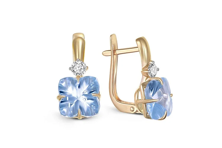 Серьги из жёлтого золота с 2 топазами sky и 2 фианитами