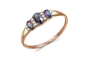 Кольцо из красного золота с 3 александритами и 10 фианитами