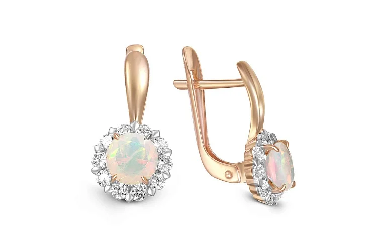 Серьги из красного золота с опалом и 20 фианитами