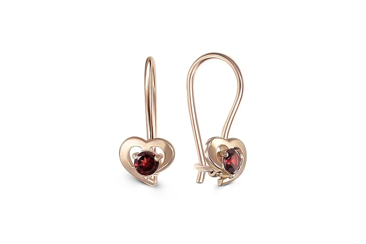 Детские серьги Сердца из красного золота с 2 гранатами
