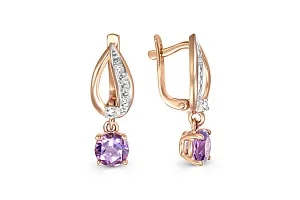 Серьги из красного золота с 2 аметистами и 6 фианитами