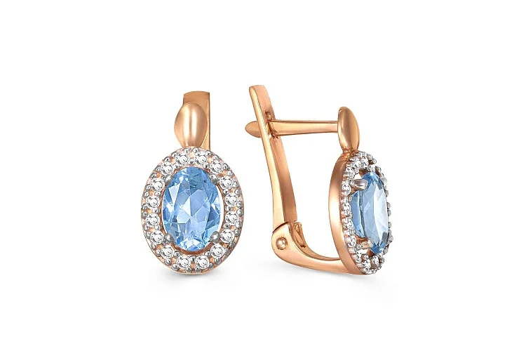 Серьги из красного золота с 2 топазами swiss и 32 фианитами